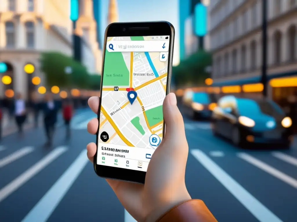Mano usando app de navegación en smartphone en la ciudad