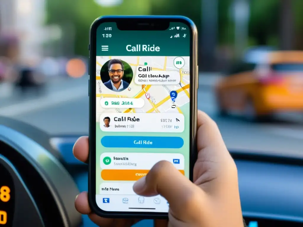 Una mano presiona 'Call Ride' en la app de ridesharing, reflejada en las gafas, destacando medidas de seguridad en Ride Sharing