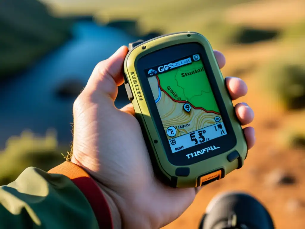 Mano de aventurero sosteniendo GPS resistente, con mapa topográfico