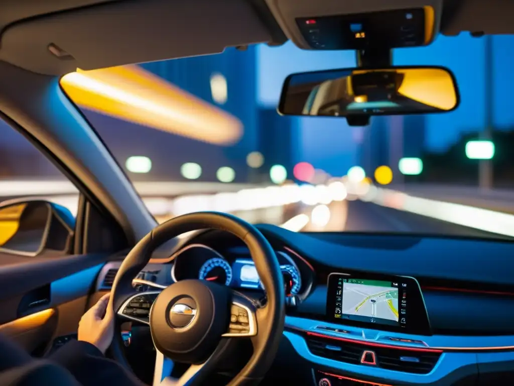 Mano del conductor en volante, conduciendo por la ciudad de noche con luces de tablero y ciudad reflejadas en el espejo retrovisor