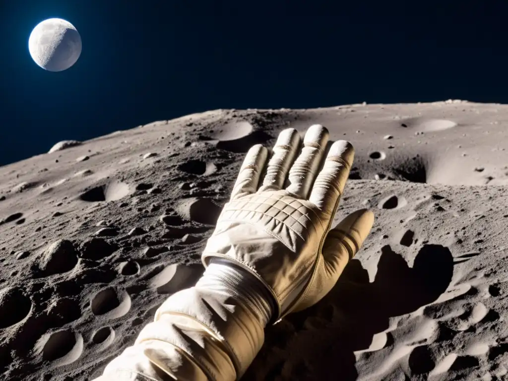 La mano enguantada de un astronauta alcanza la superficie lunar, con la tierra a lo lejos