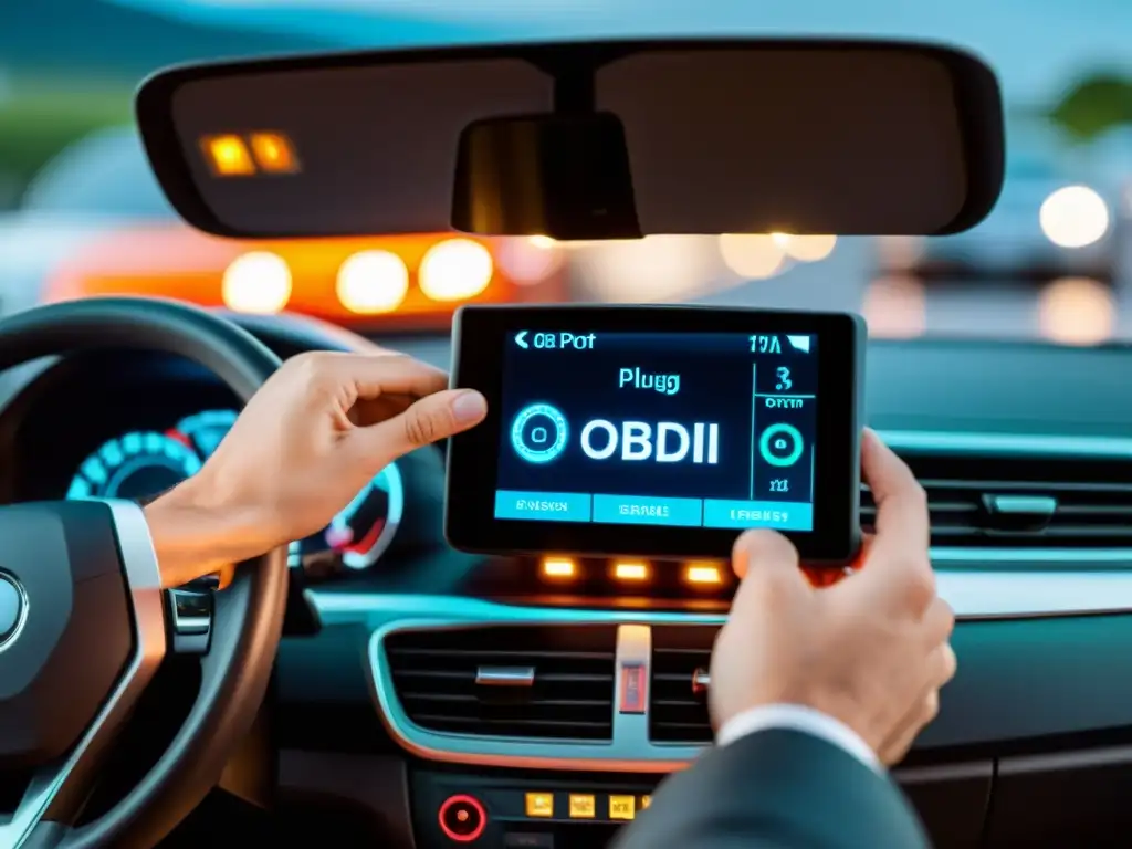 Mano experta conecta dispositivo de diagnóstico OBDII bajo el tablero de un auto moderno, mostrando datos en tiempo real