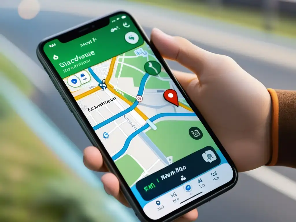 Una mano interactúa con una app de navegación en un smartphone, destacando el diseño de mapas en apps