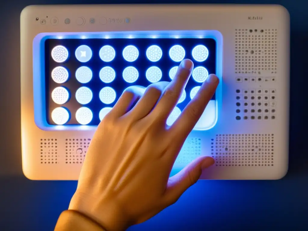 Una mano de persona con discapacidad visual usando un interfaz táctil, resaltando la importancia de las interfaces táctiles para discapacidad visual