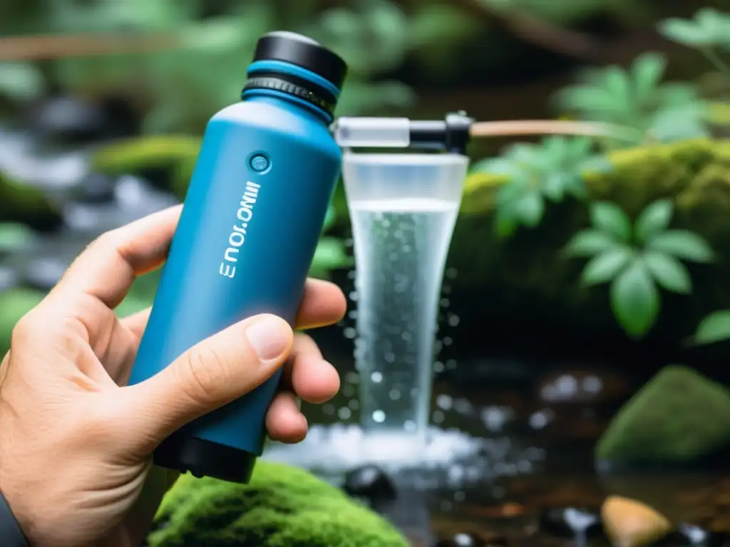 Mano sostiene gadget portátil para purificar agua en entorno natural, con gotas filtrándose