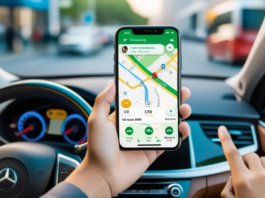 Mano sostiene smartphone con app car sharing, reflejo en rostro, interfaz detallada