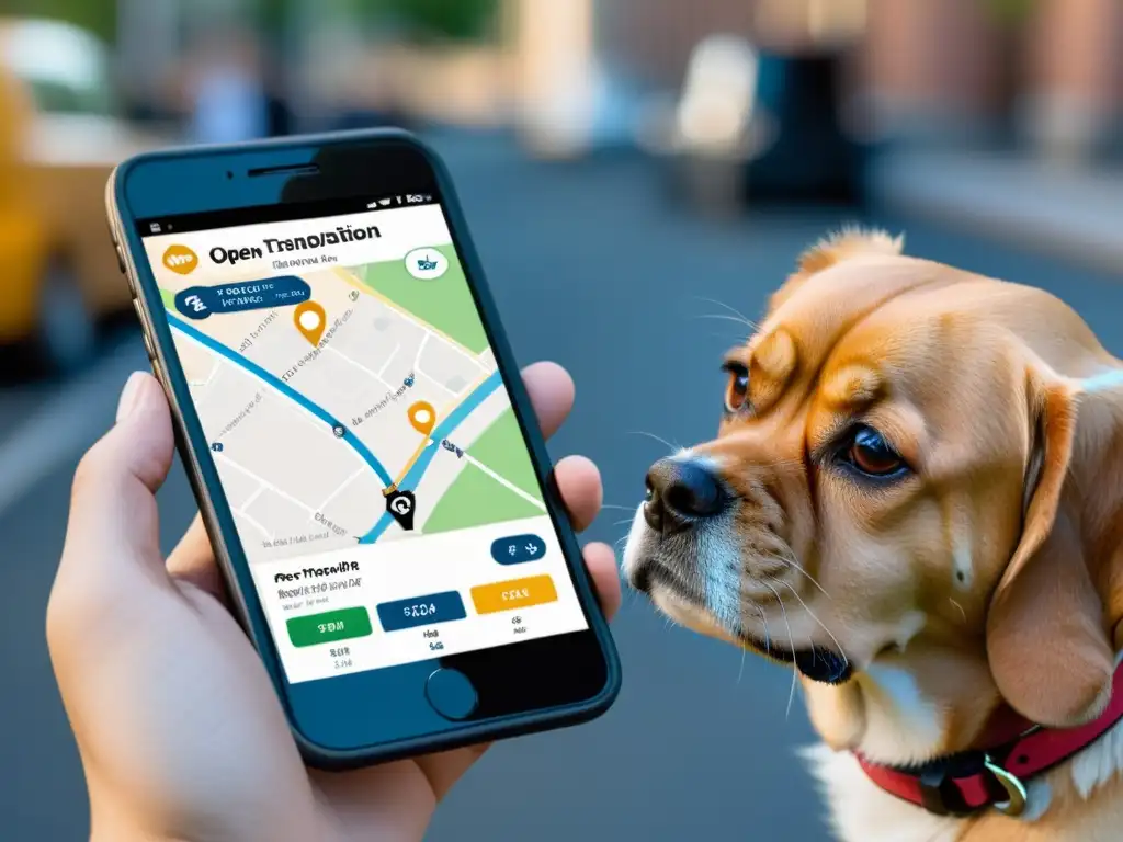 Mano sosteniendo smartphone con app de transporte pet-friendly para viajar, con perro y correa en entorno urbano