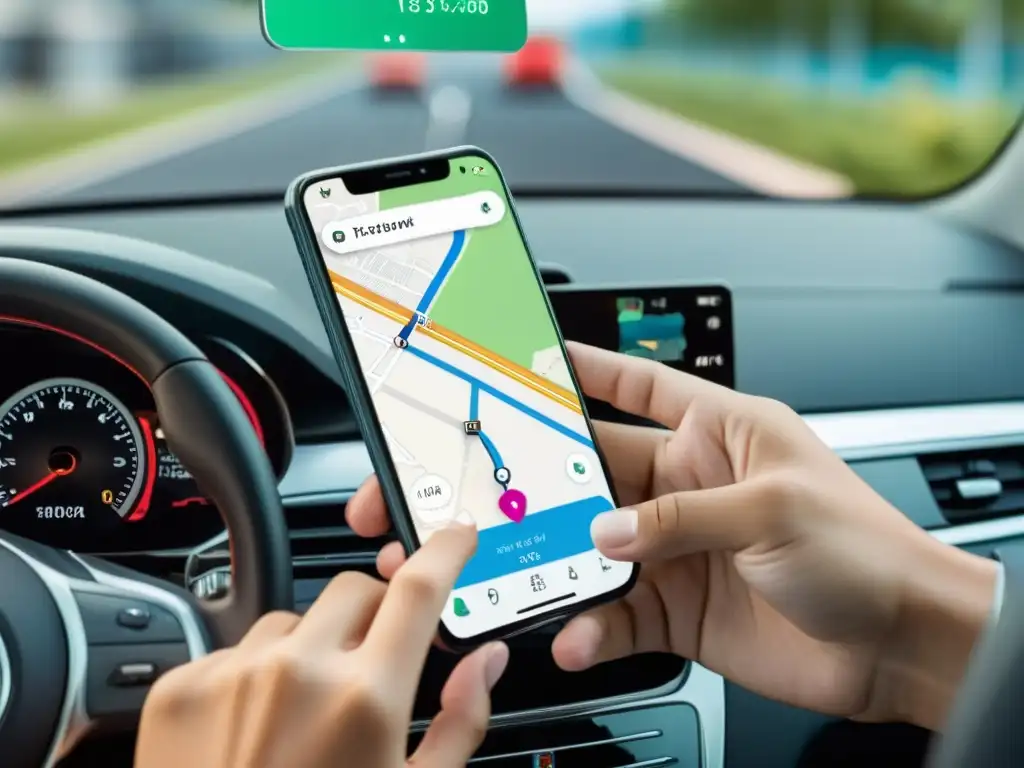 Una mano sostiene un smartphone con pantalla de navegación integrada al panel del auto