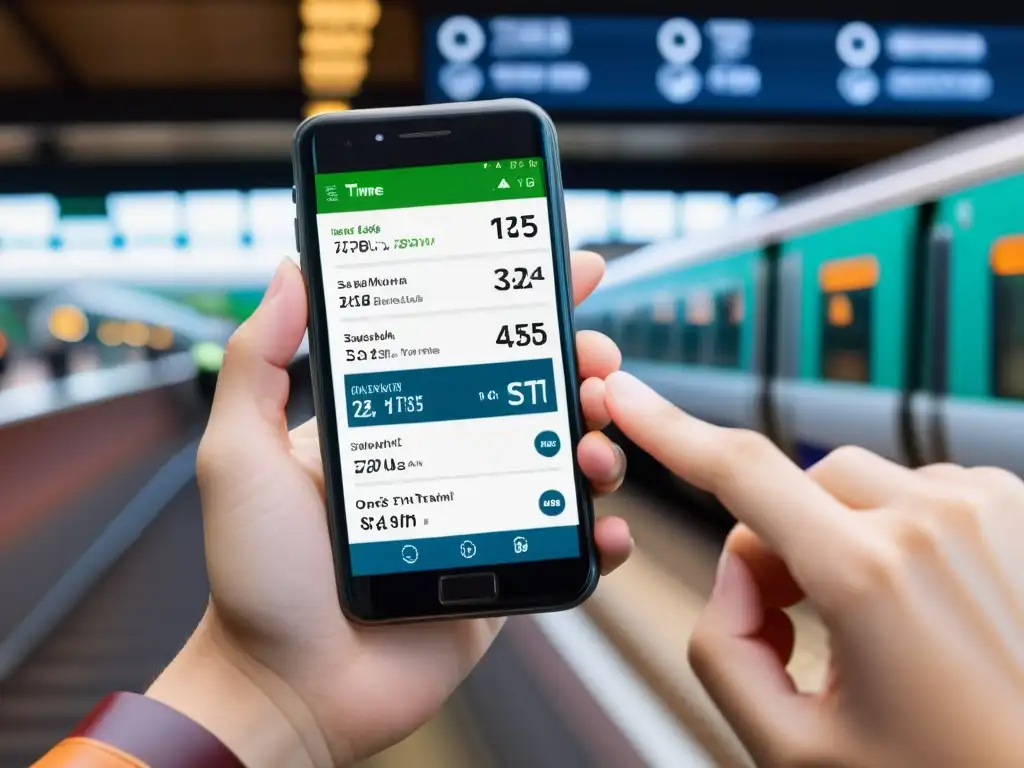 Mano con smartphone y reloj inteligente en estación de tren, mostrando la aplicación de horarios y trenes para viajero ferroviario