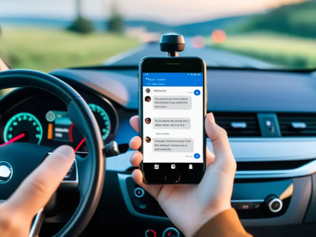 Una mano sostiene un smartphone mientras conduce, con el tablero y volante en segundo plano