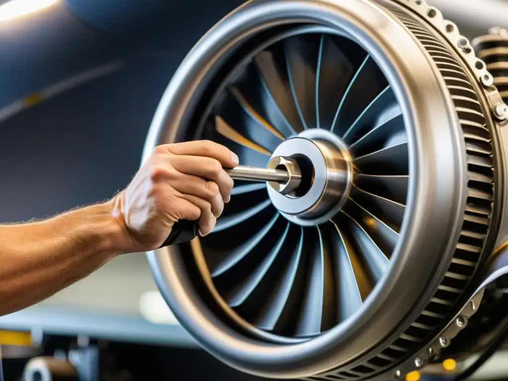 Mano de técnico sostiene llave especial en motor de avión, resaltando precisión y herramientas en mantenimiento aéreo