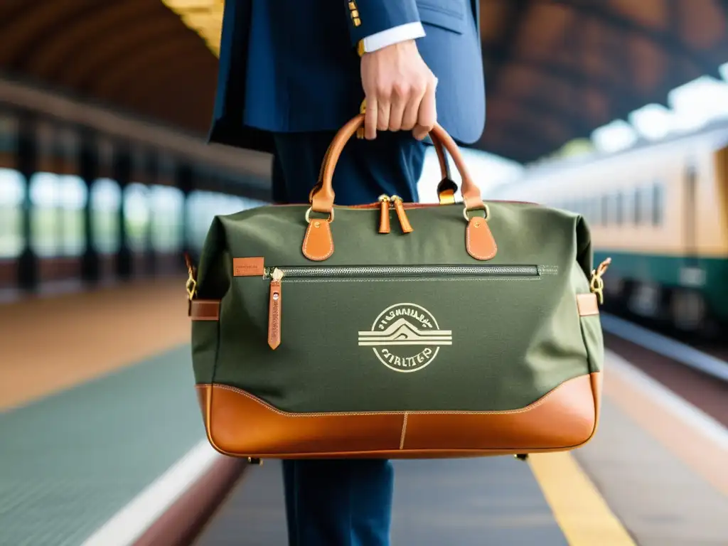 Mano de viajero sosteniendo accesorio EcoFriendly para viajeros conscientes, en estación de tren