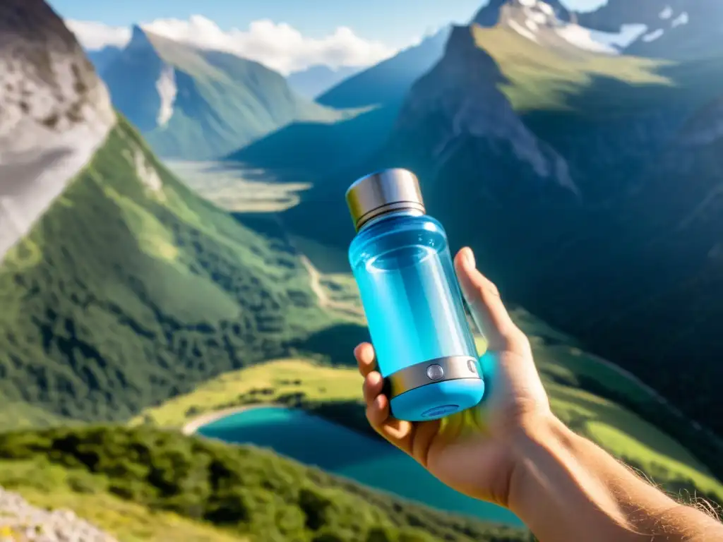 Mano de viajero purifica agua en montaña con gadget portátil para purificar agua