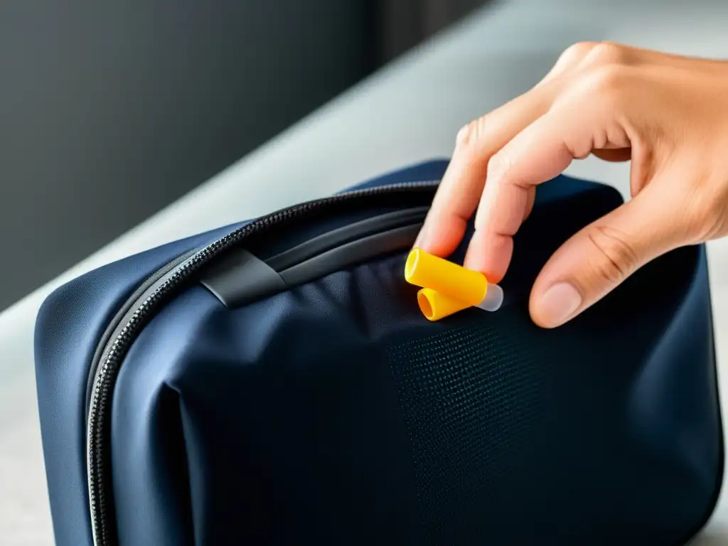 Mano del viajero sacando auriculares de bolsa de viaje moderna Una mano de viajero saca los mejores tapones de oído tecnológicos de una moderna bolsa de viaje, en un escenario de aeropuerto o destino turístico