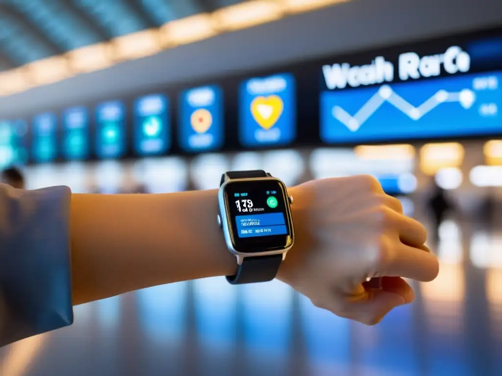 Mano de viajero con smartwatch y app de monitoreo de salud, en aeropuerto concurrido