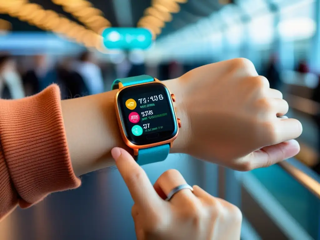 Viaje inteligente: ajuste de reloj con itinerario personalizado Mano de viajero ajustando smartwatch con itinerario de viajes