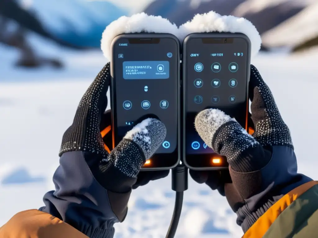 Manos ajustando guantes calefactables en paisaje invernal