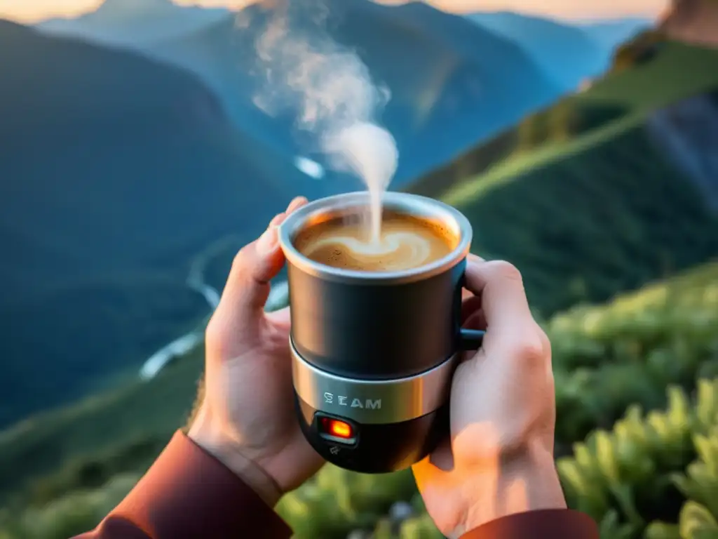 Manos de viajero preparando café con cafetera portátil en la montaña