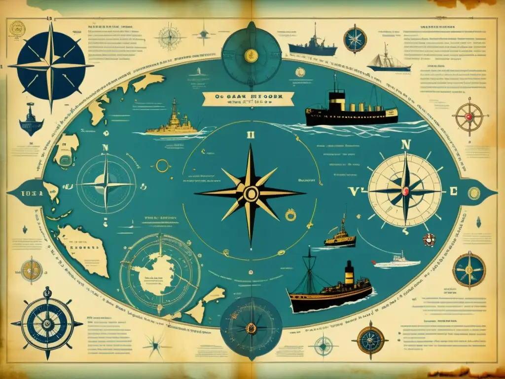 Mapa antiguo del fondo marino con vehículos submarinos en la novela, simbolos náuticos y anotaciones a mano