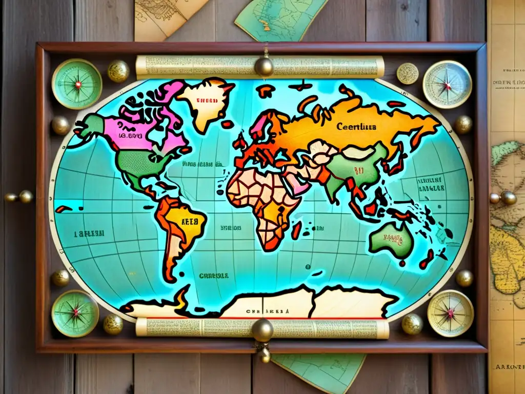 Mapa antiguo de rutas comerciales trazadas con herramientas marítimas en mesa de madera envejecida