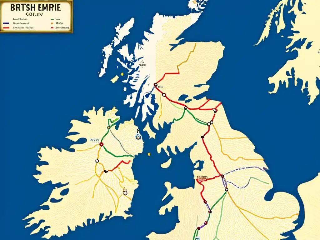 Mapa detallado del Imperio Británico con extensa red de rutas ferroviarias y paisajes históricos