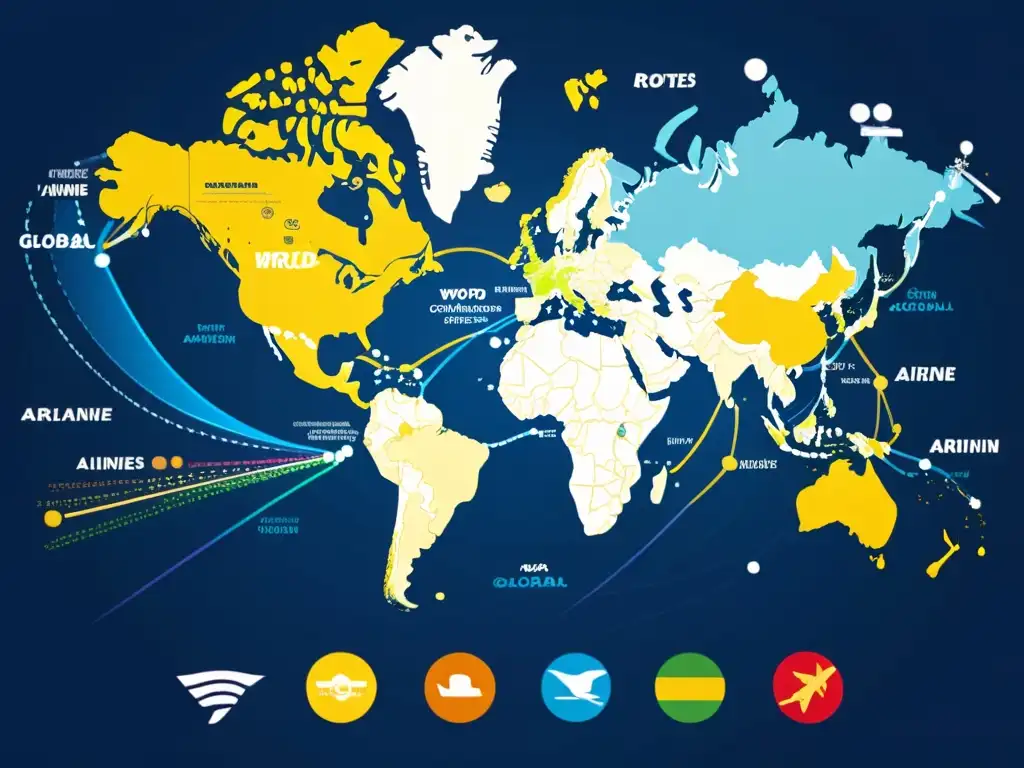 Mapa detallado del mundo con rutas aéreas de alianzas globales, mostrando el impacto de las alianzas aéreas en la aviación