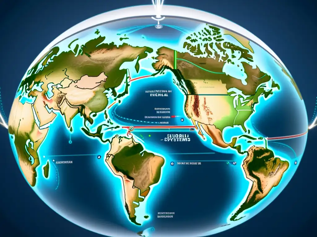 Un mapa global detallado con sistemas Hyperloop interconectados, resaltando la interoperabilidad de los sistemas Hyperloop a nivel global