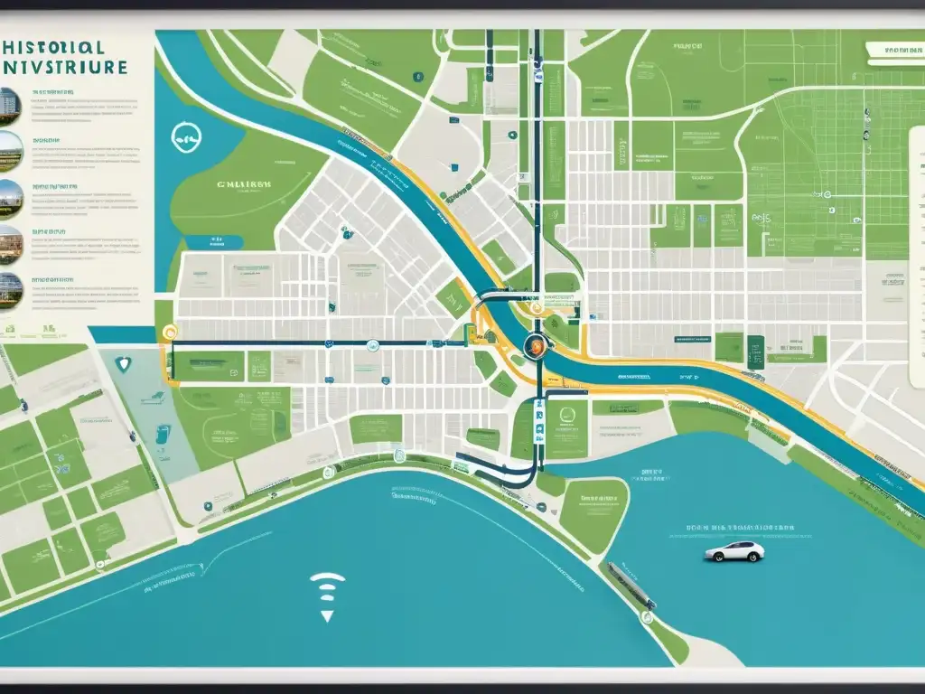 Mapa histórico detallado en 8k de la evolución de la infraestructura de carga para vehículos eléctricos en la ciudad, con ilustraciones e hitos destacados