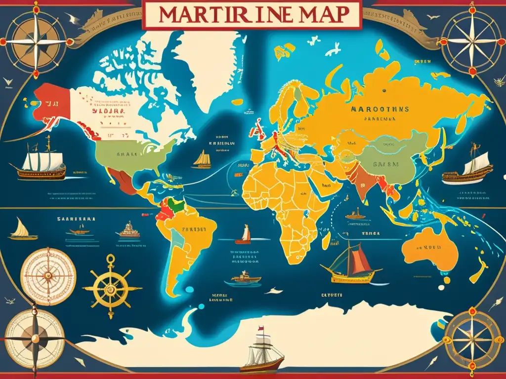 Mapa histórico detallado de rutas comerciales marítimas, destacando la importancia de la navegación marítima en la interconexión cultural