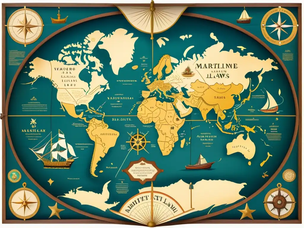 Mapa marítimo histórico con impacto de las leyes marítimas, rutas comerciales, herramientas de navegación y detalles ilustrativos