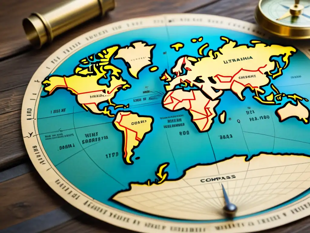 Mapa vintage del mundo en mesa de madera con brújula antigua, evocando la evolución GPS Navegación Satelital