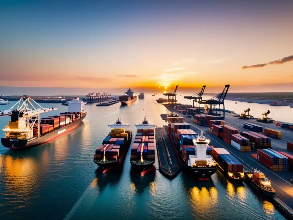 Marina bulliciosa al atardecer, con barcos cargueros, grúas automatizadas y barcos más pequeños