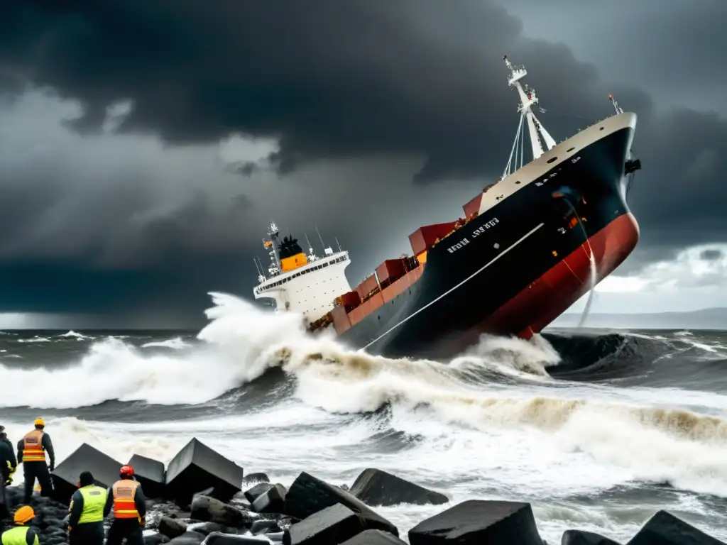 Catástrofes marítimas: dramática imagen de un barco encallado en la costa rocosa, con olas violentas y un cielo tormentoso