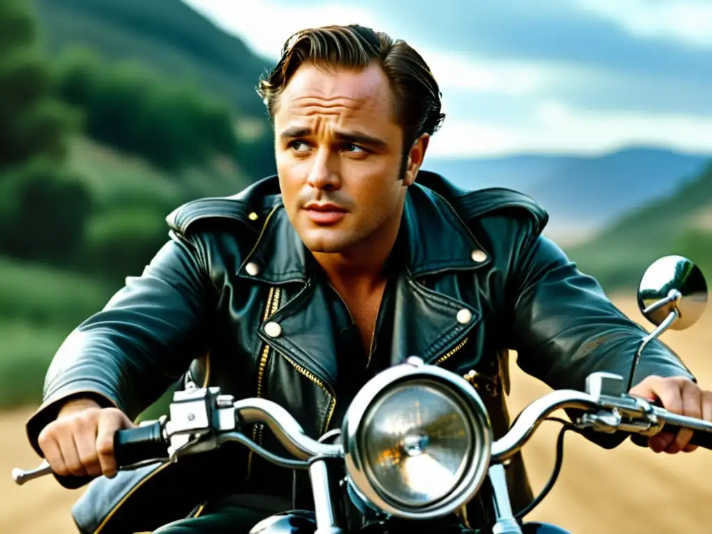 Marlon Brando en 'The Wild One', emblema de motos en el cine, proyecta rebeldía y aventura sobre una clásica motocicleta