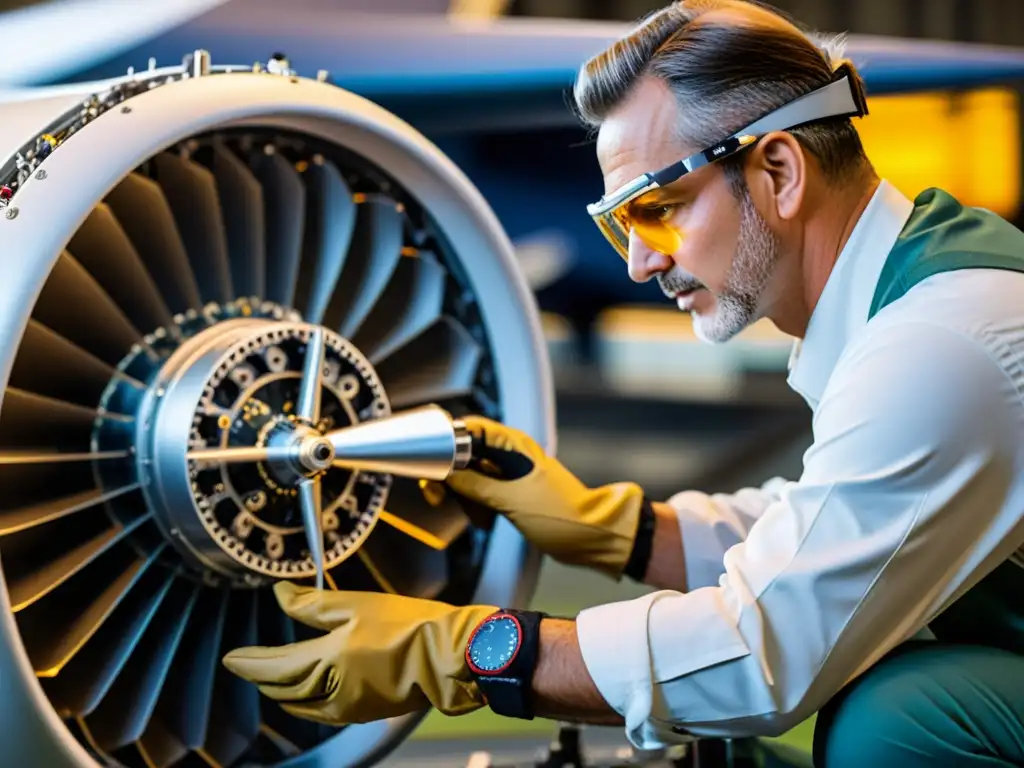 Un mecánico de aviones eléctricos inspecciona con precisión los componentes del motor, destacando la tecnología de mantenimiento de aviones eléctricos