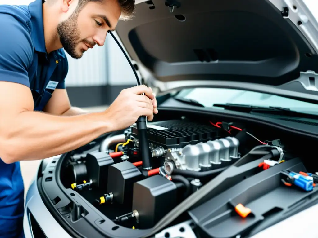 Un mecánico experto instalando un kit de tecnología limpia en el compartimento del motor de un vehículo, con precisión y profesionalismo