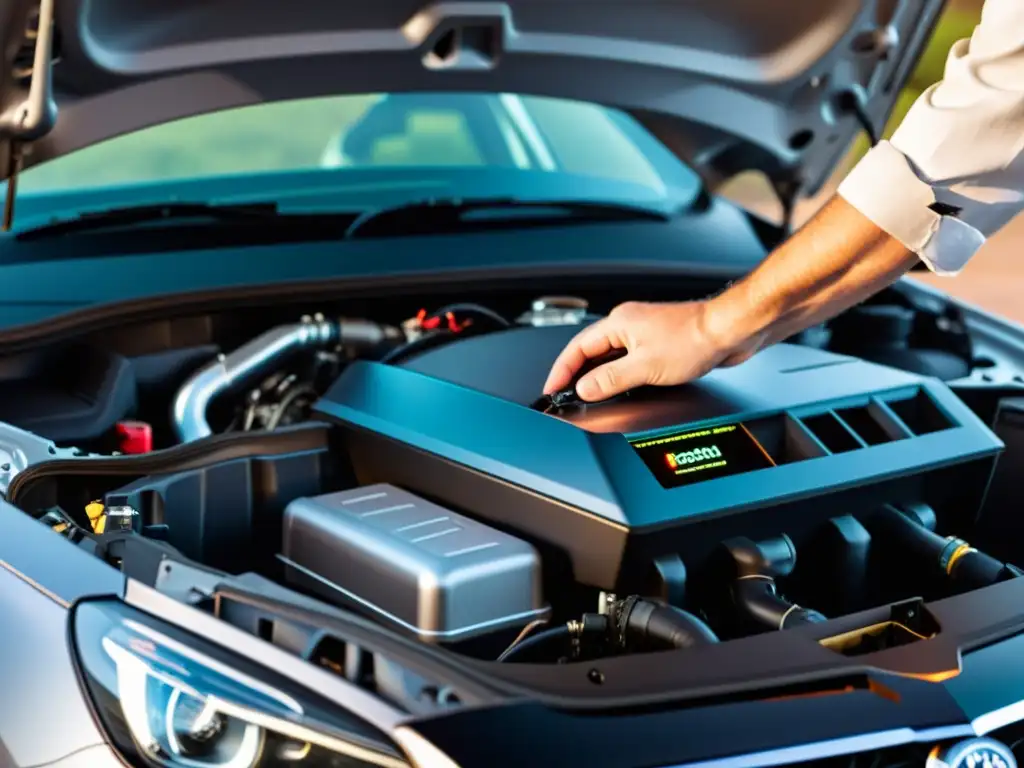 Un mecánico instala con precisión un accesorio de eficiencia de combustible en el motor de un auto, resaltando la tecnología avanzada