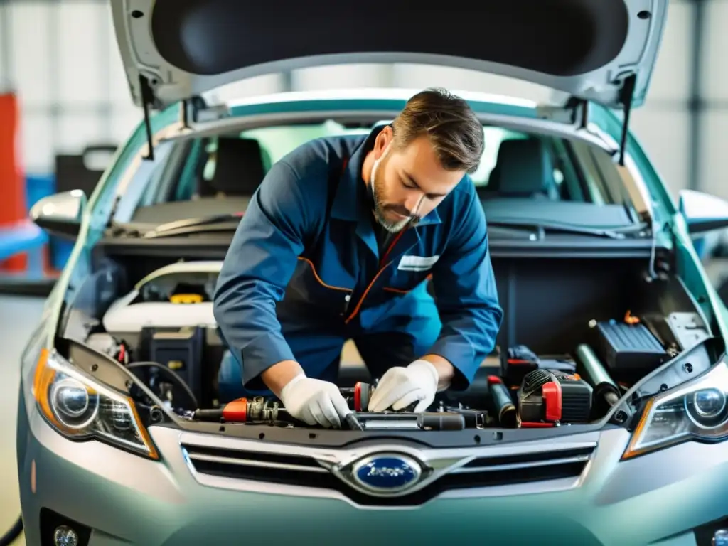 Un mecánico instala tecnologías limpias en un vehículo, resaltando la importancia de la eficiencia y el cuidado ambiental en la industria automotriz