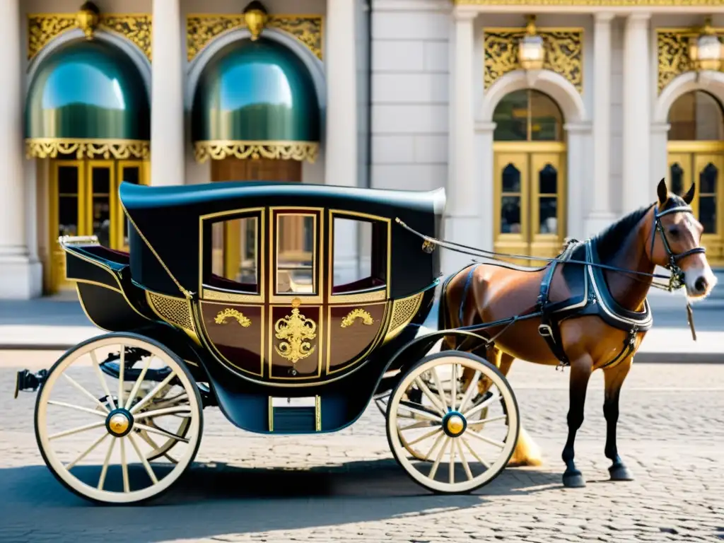 La evolución del transporte: carruaje antiguo vs automóvil moderno Comparación evolución medios transporte historia: carruaje vintage frente a automóvil moderno en ciudad y calle empedrada