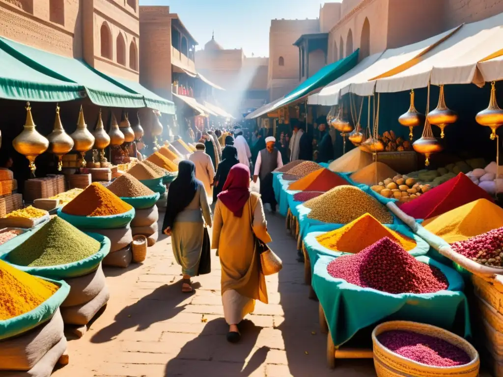 Mercado animado en la antigua Persia, con especias exóticas y coloridos puestos