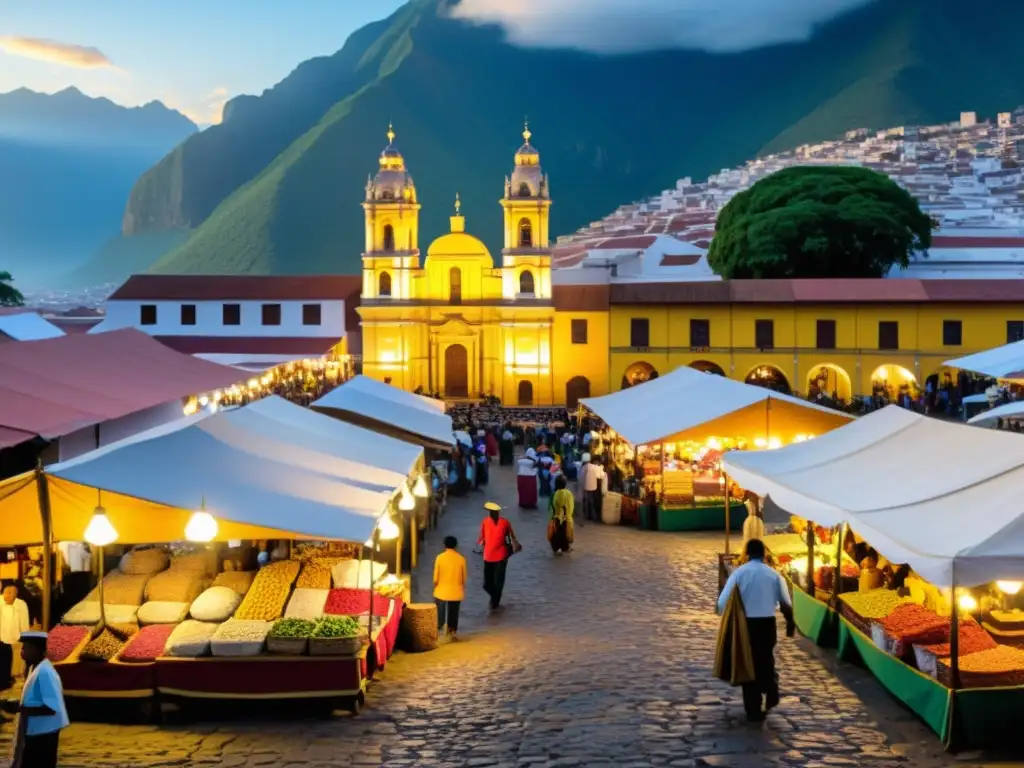 Mercado bullicioso en ciudad colonial de América Latina, con rutas comerciales, mercaderes y productos variados