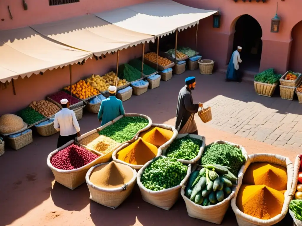 Un mercado bullicioso en Marrakech, Marruecos, con colores vibrantes y gente en ropa tradicional