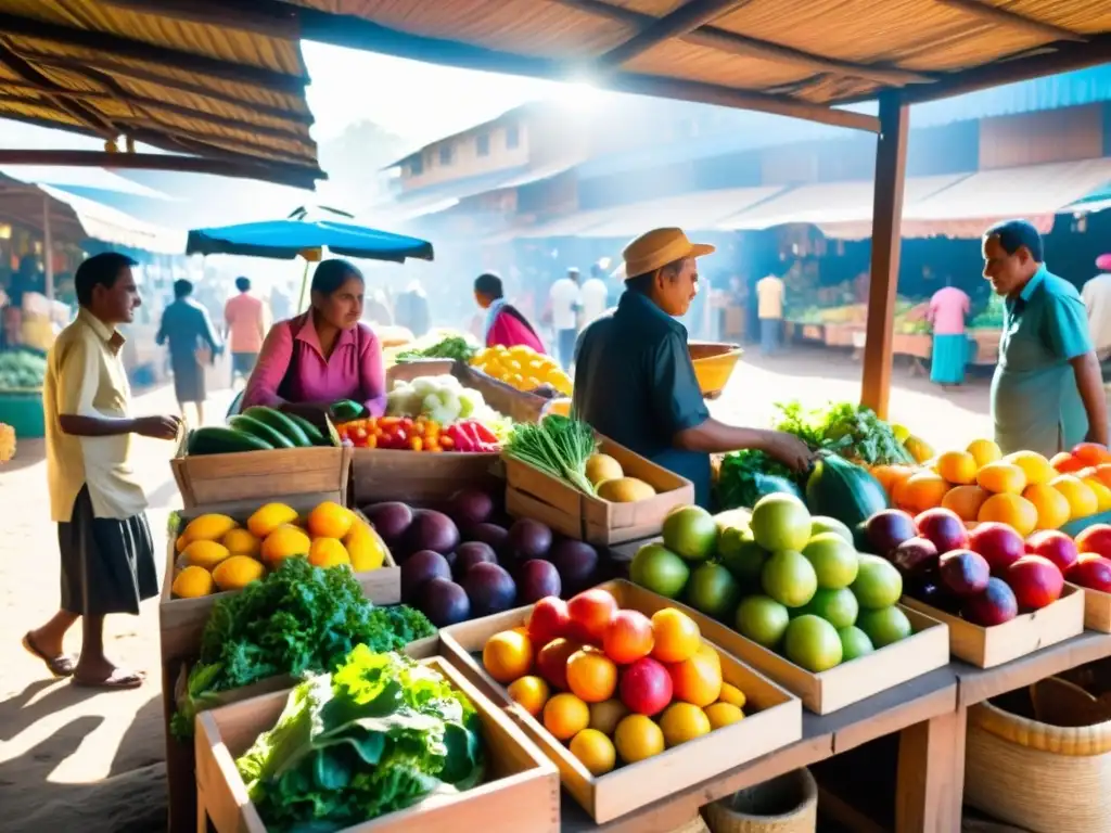 Un mercado bullicioso en un país en desarrollo, donde vendedores ofrecen frutas y verduras coloridas