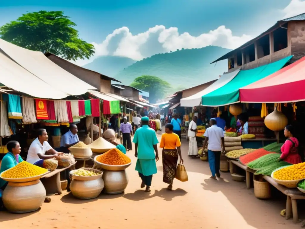 Mercado bullicioso en país en desarrollo, artesanías locales y turistas disfrutando la experiencia cultural