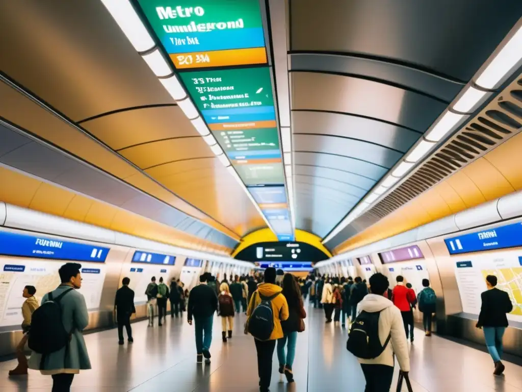 Estación de metro bulliciosa con mapas coloridos y señales, bañada en luz natural