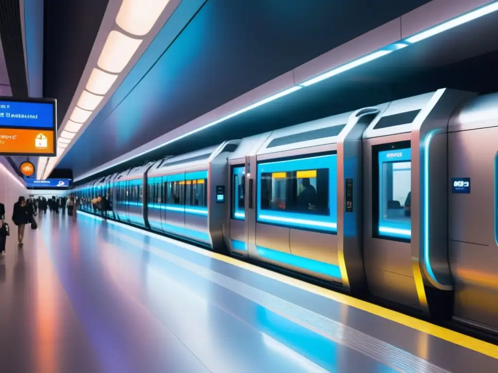 Estación de metro subterránea futurista con tecnología de vanguardia y multitudes de pasajeros, iluminada con colores vibrantes