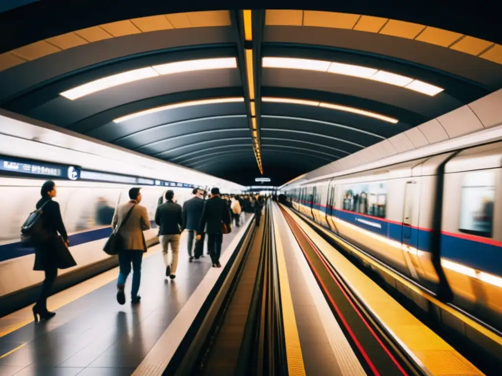 Estación de metro subterránea con multitud de pasajeros en movimiento