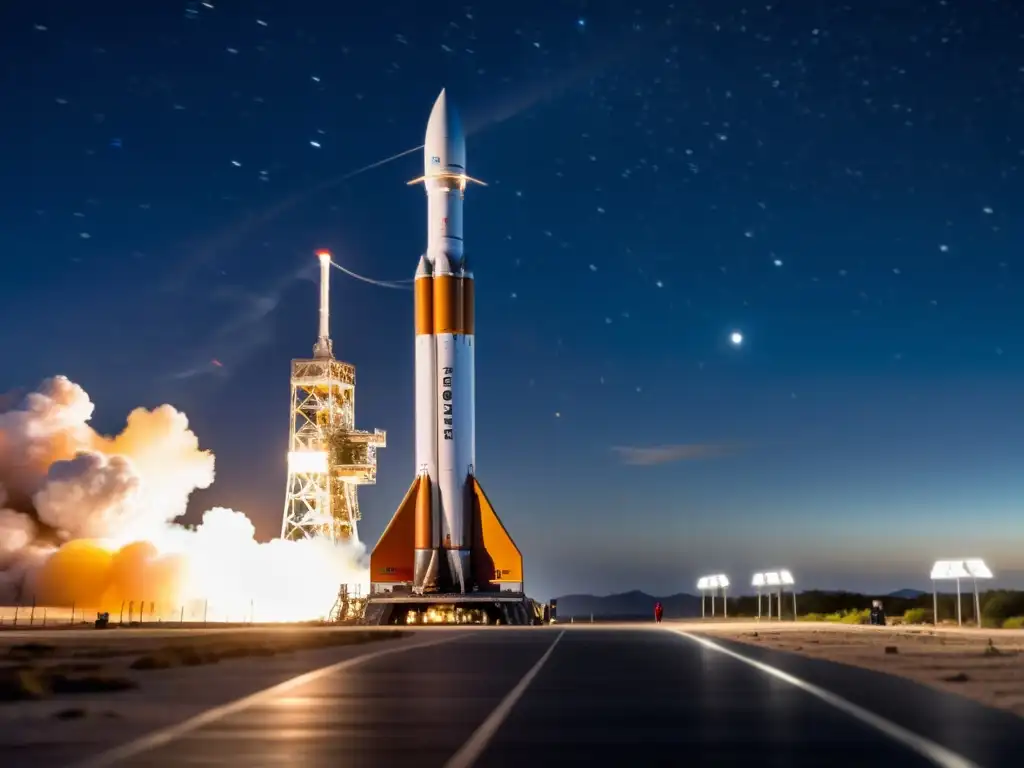 Un minirocket metálico en la plataforma de lanzamiento bajo el cielo estrellado, listo para despegar