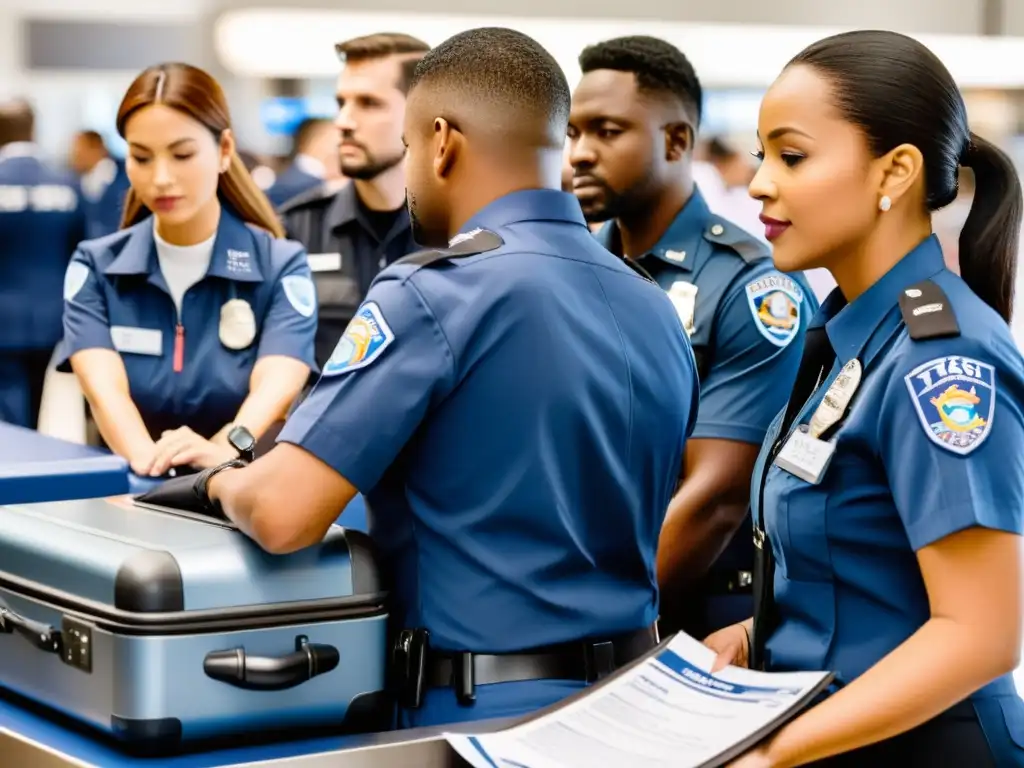 TSA agents realizan minuciosas inspecciones en el control de seguridad del aeropuerto, reflejando la seguridad aérea después del 11S