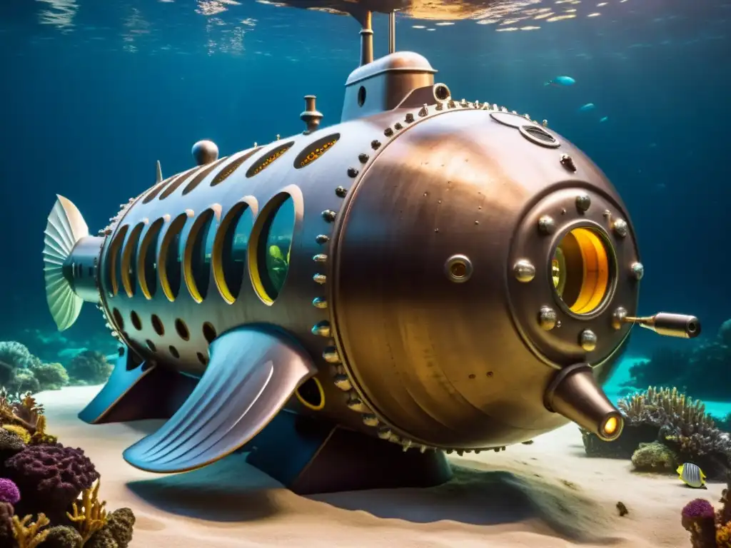 Explora el misterioso mundo submarino a bordo del detallado Nautilus de Verne, rodeado de criaturas bioluminiscentes